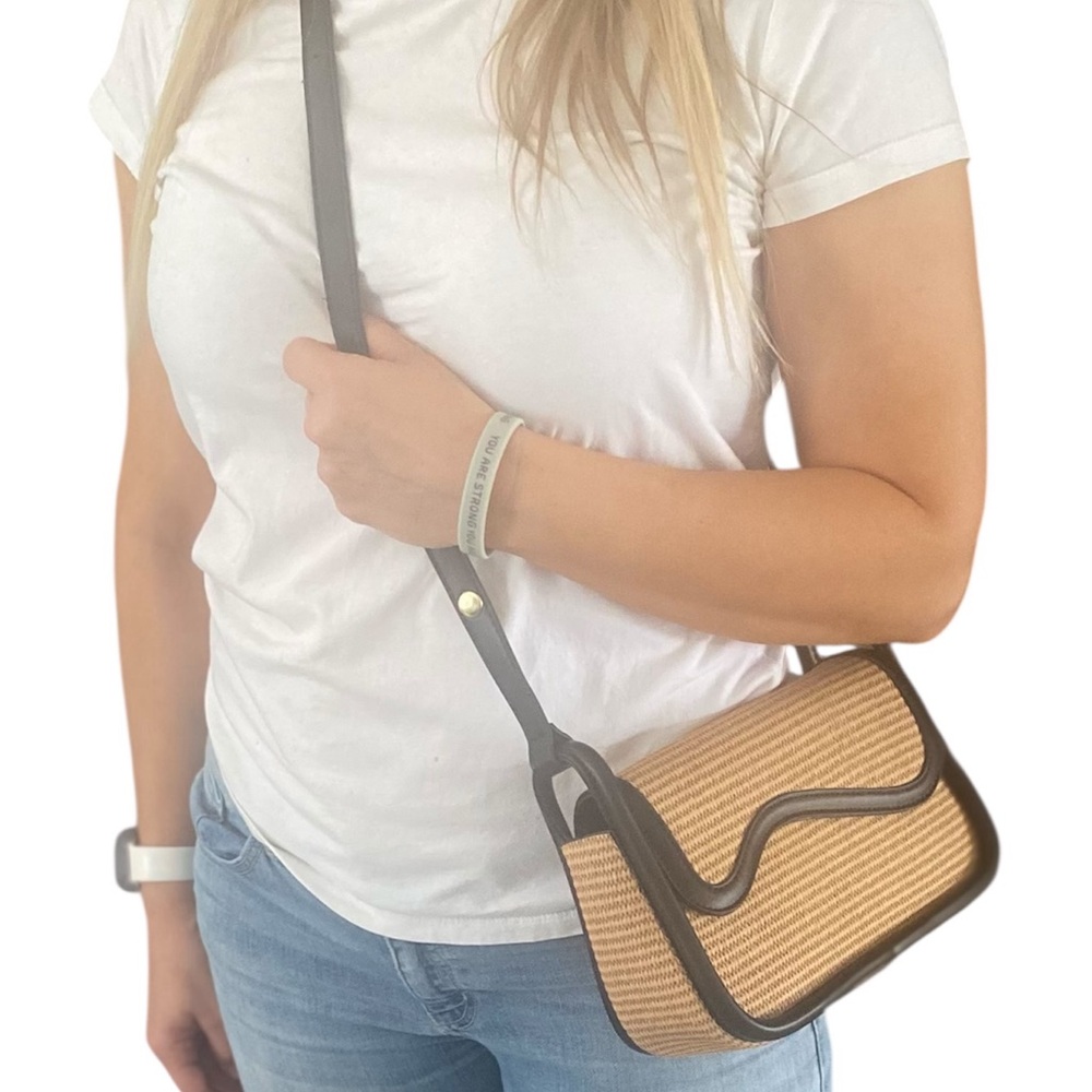 Tan and Black Woven Shoulder Bag with Flap